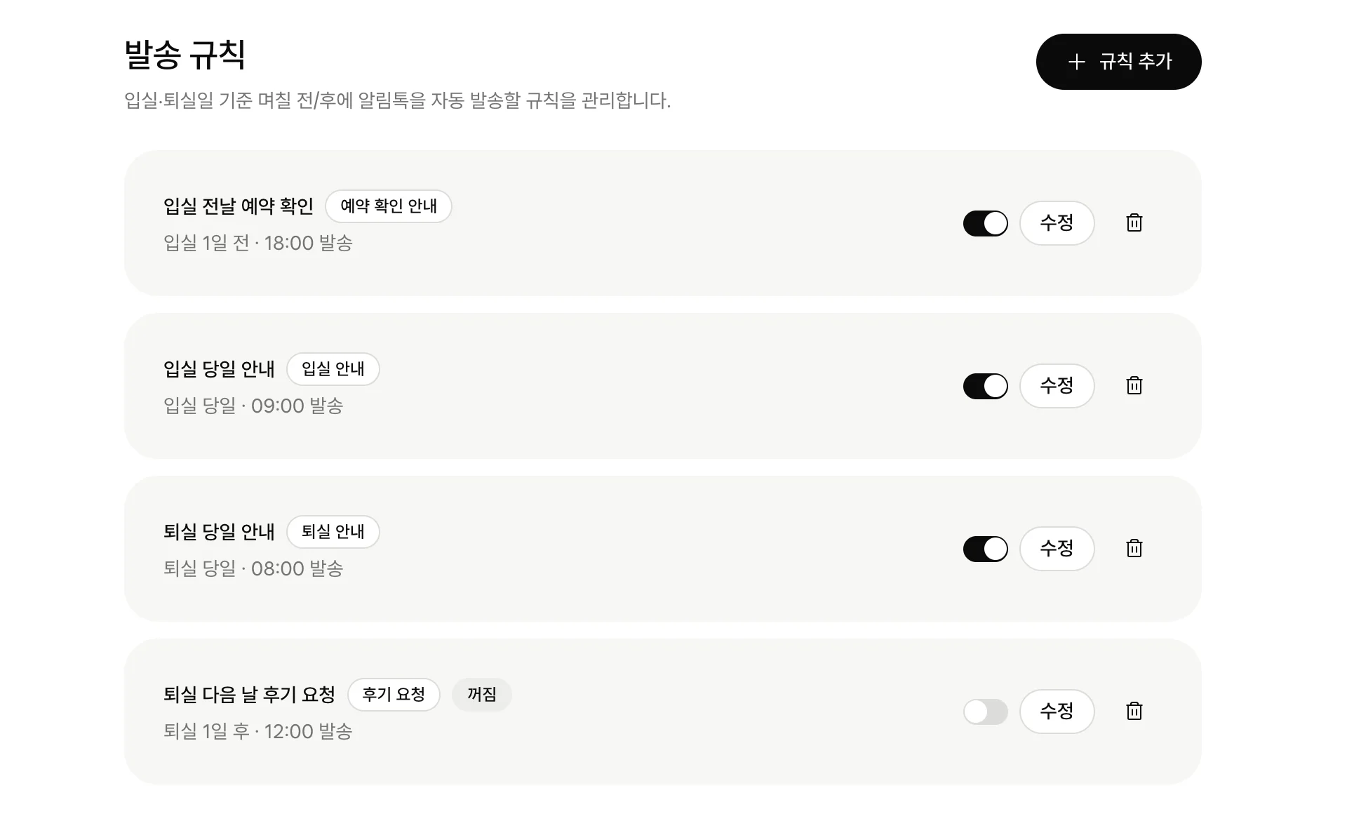 입실 전날, 입실 당일, 퇴실 당일 알림톡 발송 규칙이 켜져 있는 스테이메이트 발송 규칙 화면